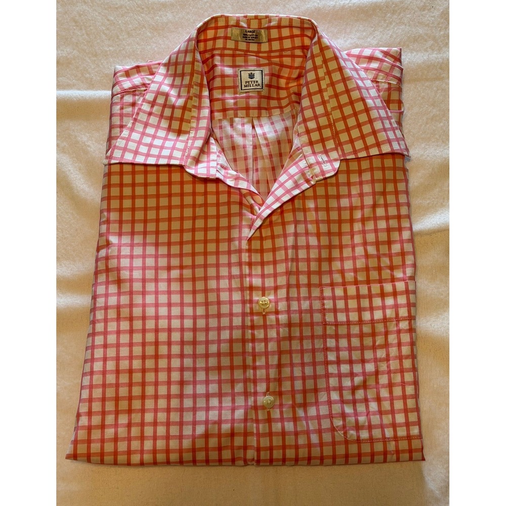Peter Millar Mens Large Pink Gingham Check Cotton Button Down‎ Shirt